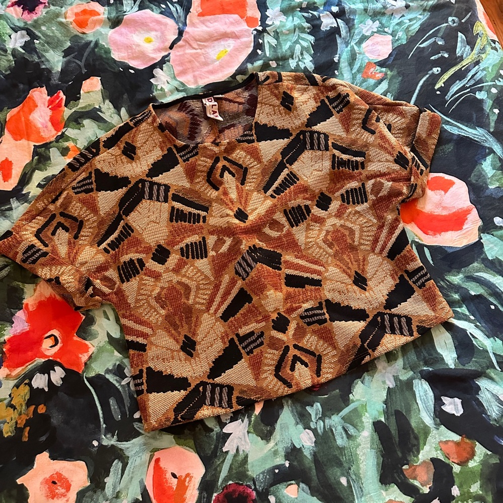 Anthropologie Geometric Pattern Box-y Crop Top - Black and Orange/Brown